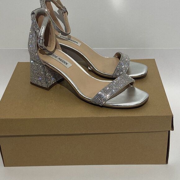 Steve Madden Women's Silver Spark Rhinestones Square Toe Strappy Block Heel Sz 8 - Picture 1 of 14